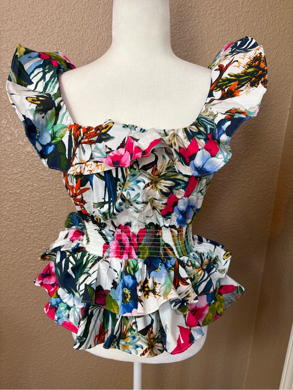 Boston Proper Multicolor Floral Ruffle Peplum Top - White, Pink, Blue, Green